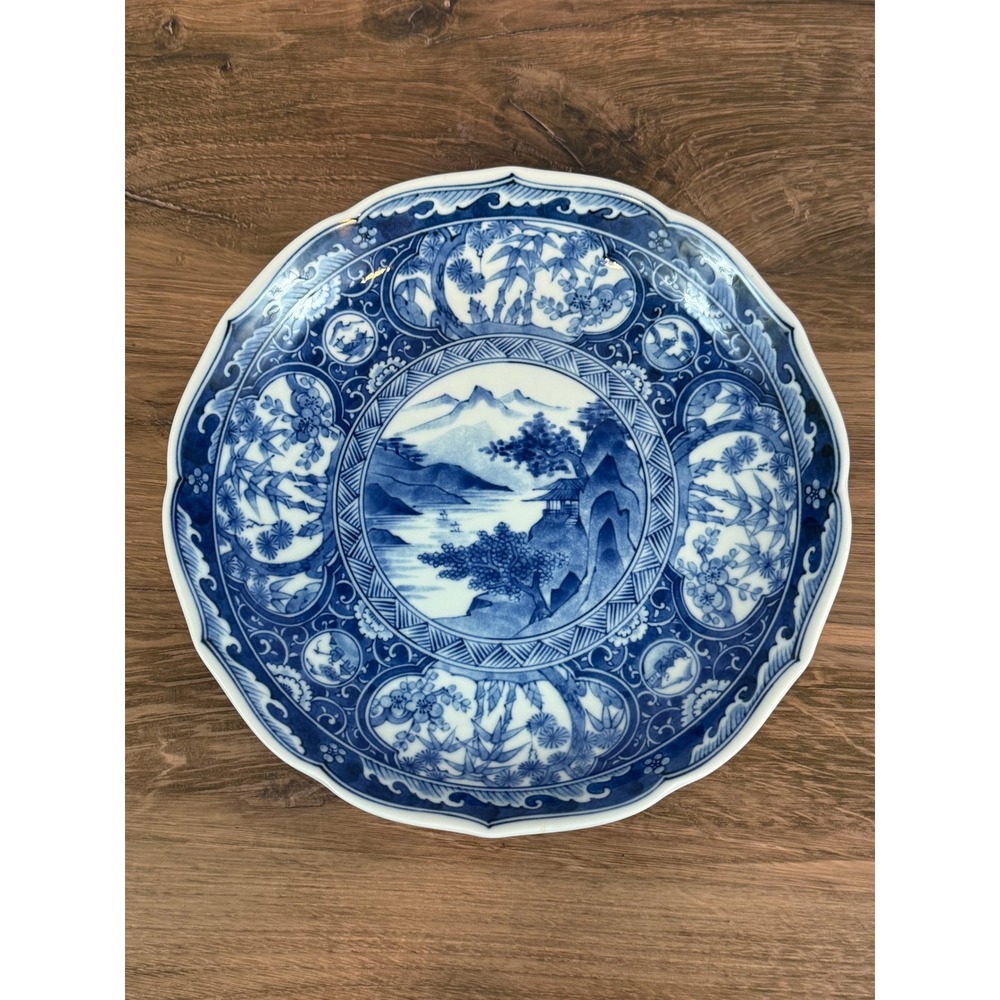 VTG 1980s Andrea by Sadek‎ Blue White River Scene Porcelain Scalloped 10" Bowl